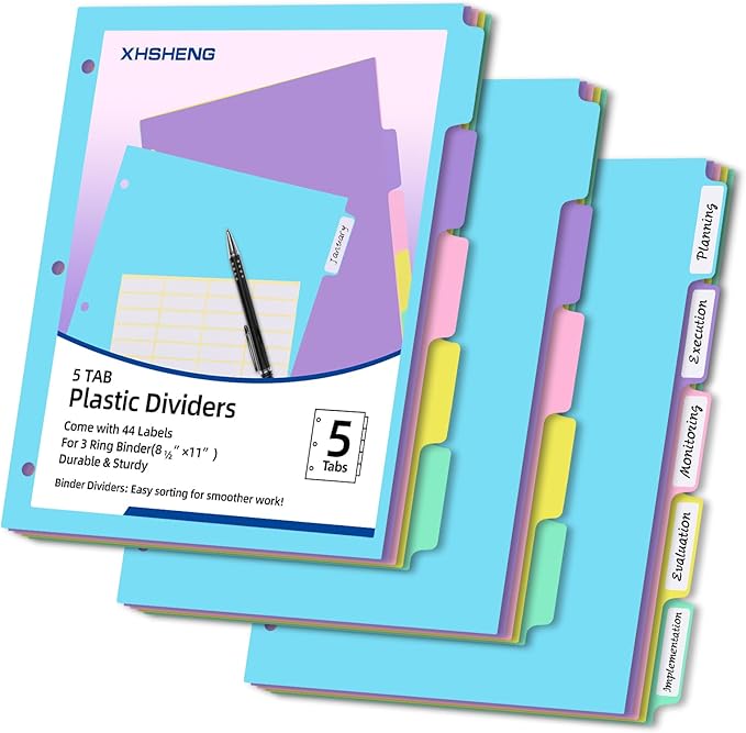 5 Tab Binder Dividers with Tabs,for 3 Ring Binder,Plastic File Dividers, Multicolor,Letter Size,3 Sets