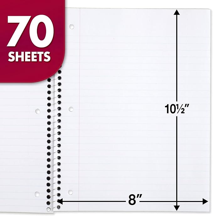 Mead Spiral Notebook, 24 Pack, 1 Subject, Wide Ruled Paper, 7-1/2" x 10-1/2", 70 Sheets per Notebook, Colors Will Vary (930203-ECM25)