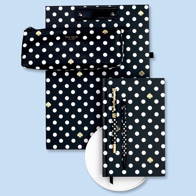kate spade new york Pen and Pencil Case with Office Supplies, Zip Pouch Includes 2 Pencils, Sharpener, Eraser, and Ruler, Polka Dots (black/white)