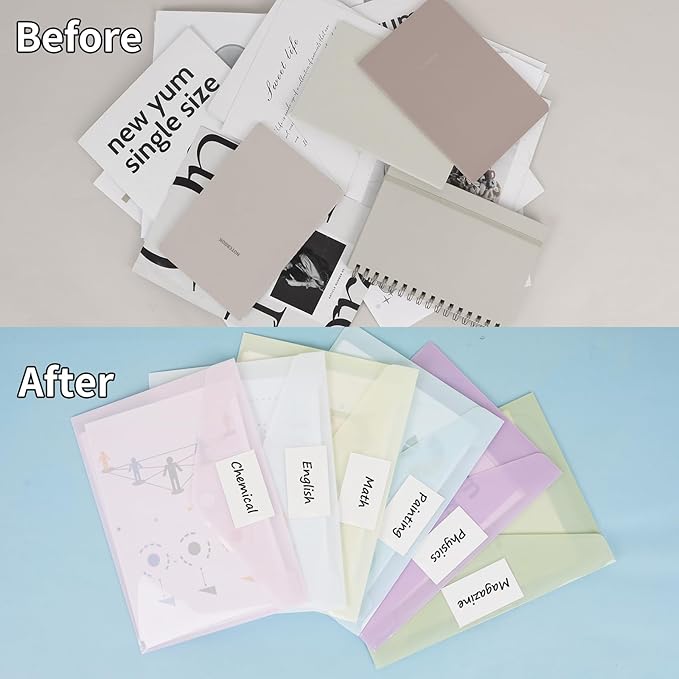 EOOUT 12pcs Plastic Envelopes, Plastic Folders for Documents, Hook & Loop Closure File Folders with Label Pocket A4 Size for School and Office Supplies