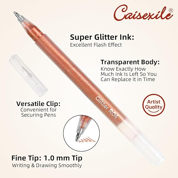 12 Yellow Glitter Gel Pens Set, 1.0 mm Fine Point for Black Paper & White Paper, Large Capacity Pens for Journaling, Adult Coloring Books, Drawing, Note Taking, Highlighting