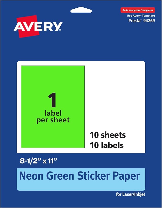Avery Printable Sticker Paper, 8-1/2" x 11", Full-Sheet Labels, Neon Green Labels, Laser/Inkjet Printable, 10 Total, Great for Packaging and Stickers