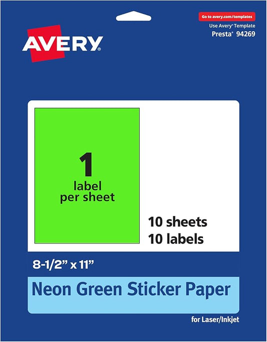 Avery Printable Sticker Paper, 8-1/2" x 11", Full-Sheet Labels, Neon Green Labels, Laser/Inkjet Printable, 10 Total, Great for Packaging and Stickers