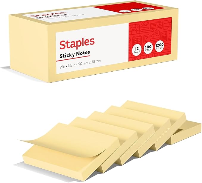 Staples Sticky Notes, 1.38" x 1.88", Assorted Colors, 1200 Sheets – Mini Self‑Stick Notes for Tabs, Labels & Quick Reminders