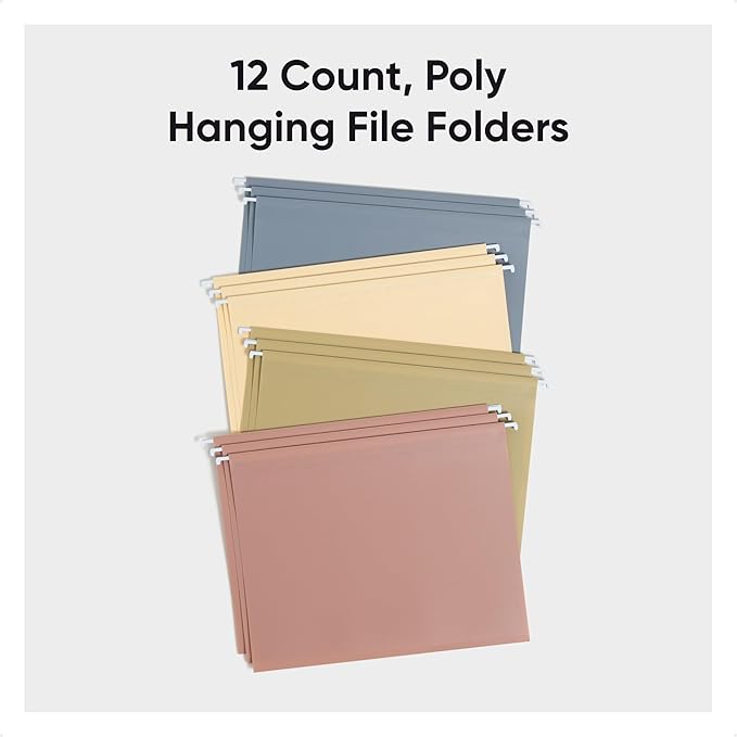 Smead Poly Plastic Hanging File Folders for Documents with Tabs, Letter Size, 0.5 Inch Expansion, File Cabinet Organizer for Filing Cabinets, Assorted Dawn Colors, 12 Pack, Office Supplies (10524)