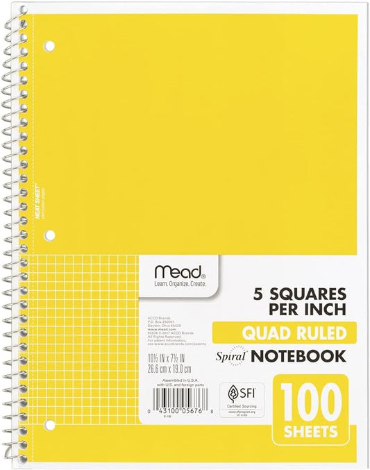 Mead Spiral Notebook, 1 Subject, Graph Ruled Paper, 7-1/2" x 10-1/2", 100 Sheets, Yellow (05676AZ7)