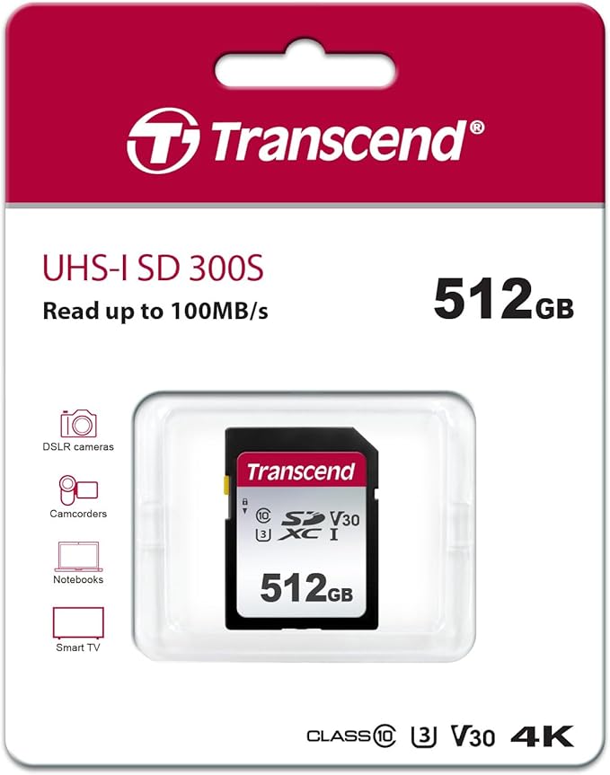 Transcend SDC300S 512GB SDXC Memory Card, Up to 100MB/s, UHS-I U3 V30, 4K UHD & Full HD, Class 10 High-Speed SD Card for Canon, Nikon, Sony, Pentax, Kodak, Olympus, Panasonic Digital Cameras
