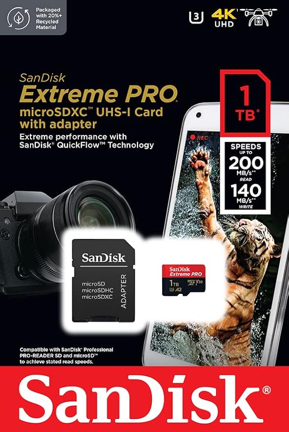 SanDisk Extreme PRO microSDXC UHS-I Memory Card 1 TB + Adapter & RescuePRO Deluxe (for Smartphones, Action Cameras or Drones, A2, Class 10, V30, U3, 200 MB/s Transfer)