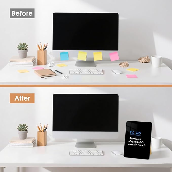 Desktop Black Glass Dry Erase Board, Small Glass Whiteboard with Adjustable Wood Stand - Reusable Desk Notepad 9.5" x 6.7" for Home Office