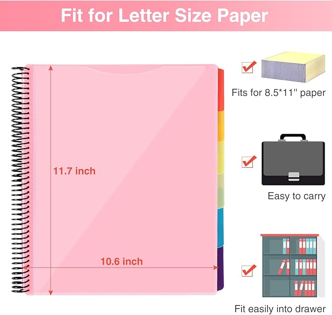 12 Pocket Project Organizer, Forvencer 1/6-cut Tab Binder Organizer with Sticky Labels, Multi Pocket Folder with Zipper Pouch, Folder Binder Spiral Pocket Notebook, Office Supplies, Letter Size, Blush