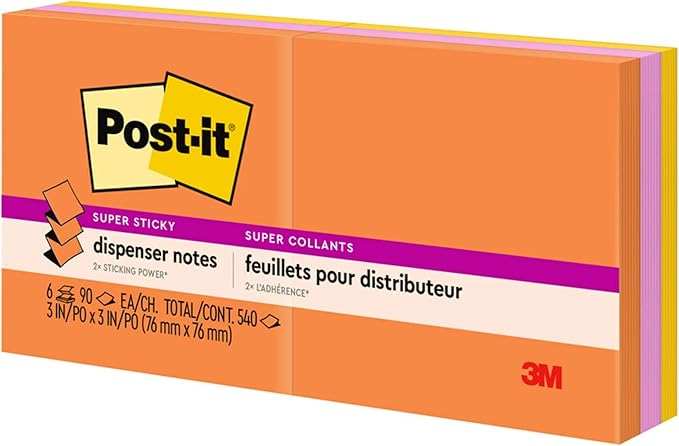 Post-it Super Sticky Pop-upNotes, 3x3 in, 6 Pads, 2X The Sticking Power, Energy Boost Collection, Bright Colors (Orange, Pink, Blue, Green),Recyclable (R330-6SSUC) (Pack of 12)