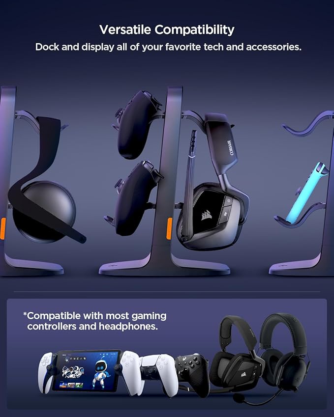 Spigen Gaming Controller and Headset Stand for PlayStation, Xbox, Nintendo Switch 2, Razer, Gaming Headphones and Headsets, Universal Desk Stand Mount, 2 Tiers with Storage Cable Organizer - Black