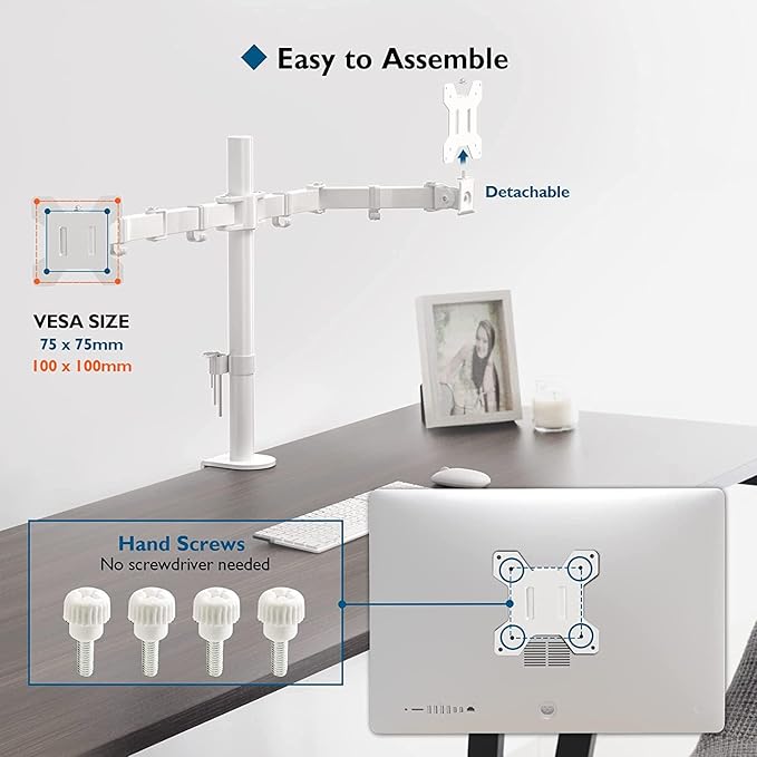 BONTEC Dual Monitor Desk Mount, Full Motion Adjustable White Monitor Stand for 13–27 Inch Screens, Heavy Duty Arms Hold 22 lbs Each, VESA 75x75/100x100, C Clamp and Grommet Base, Cable Management