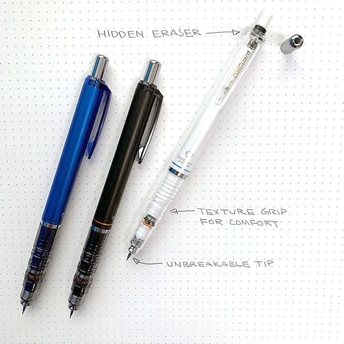 Zebra Pen DelGuard Mechanical Pencil 0.5mm, Black Ink, Black, Blue & White Barrel, Resists Lead Breaking, Double Spring Protection, Built-In Eraser, 3-Pack with Refills, Clip for Easy Carrying (58603)