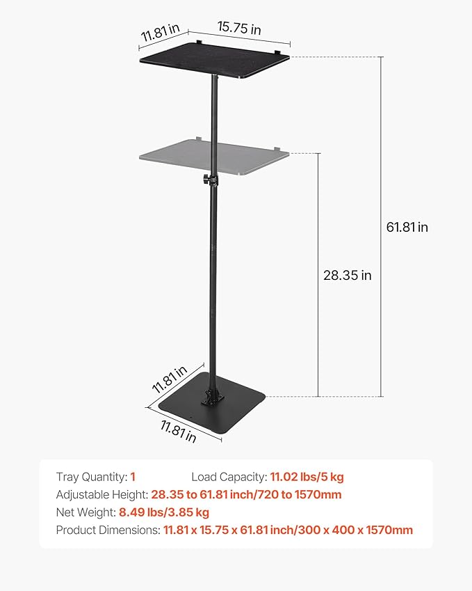 VEVOR Projector Stand with Adjustable Height 30.3 to 63.4 inch, 360° Horizontal Rotation Projectors Cart for Meetings, Outdoor Movies, Video Stand, Gimbal Mount or Tray Support