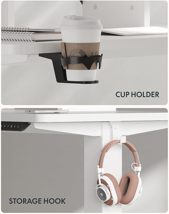 FLEXISPOT 63x32 Inch Electric Large Standing Desk for Home & Office, Spacious Splice Board Desk with Cable Management & Organizer, Cup Holder & Hook, White Wood Grain