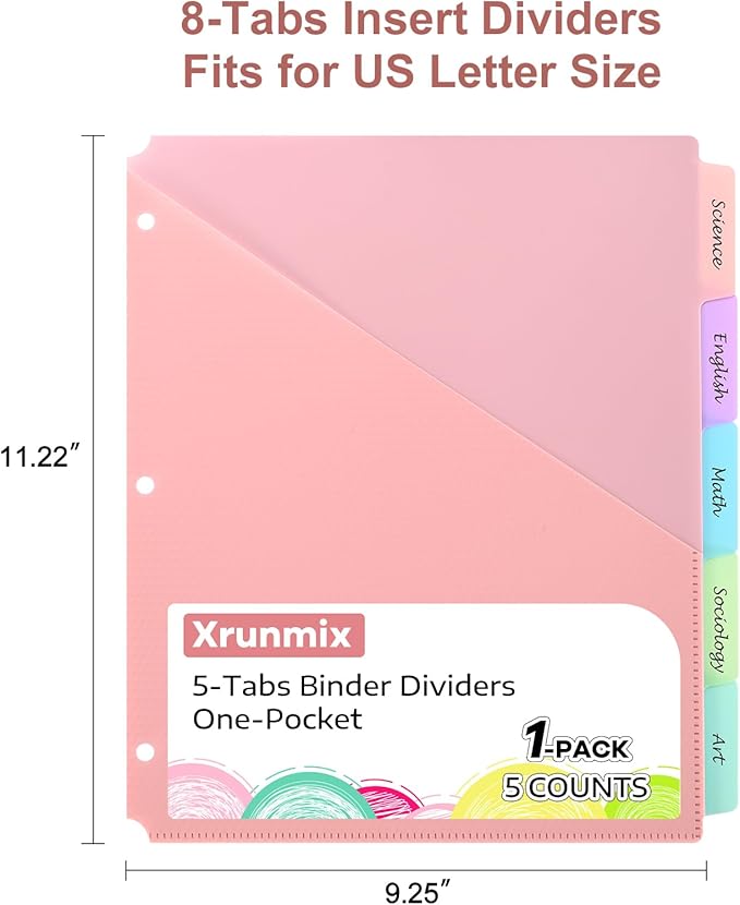 5 Tabs Dividers with Pockets for 3 Ring Binder, 15 Counts Binder Dividers for US Letter Size, Binder Dividers with Tabs for School Office and Home Organization, 5 Pastel Color (3)