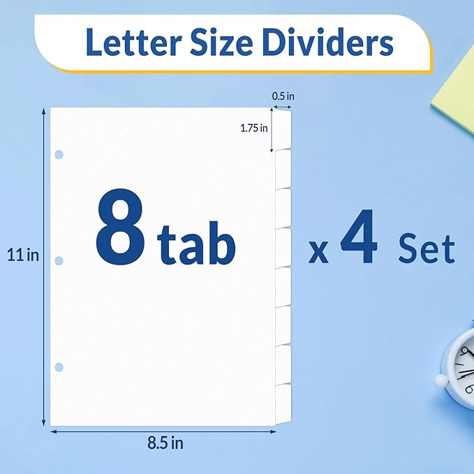 SUNEE Binder Dividers with Tabs for 3 Ring Binder, 8.5 x 11 Paper White Binder Dividers Blank with 8 Tabs, 4 Sets Page Dividers for School, Office and Home, 32 Dividers