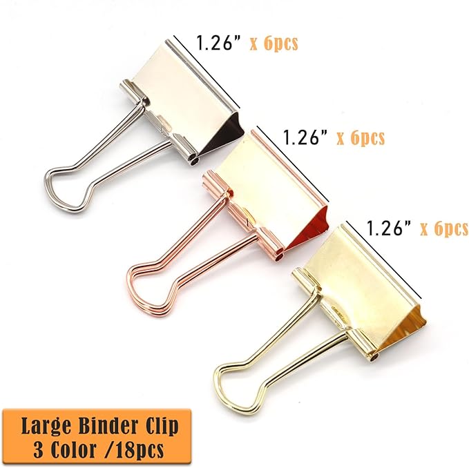 Binder Clips Paper Clamps Paper Clips, 1.26inch (32mm), 3 Colored Set, 18 Pcs Large Size Office Clips for Home School and Business