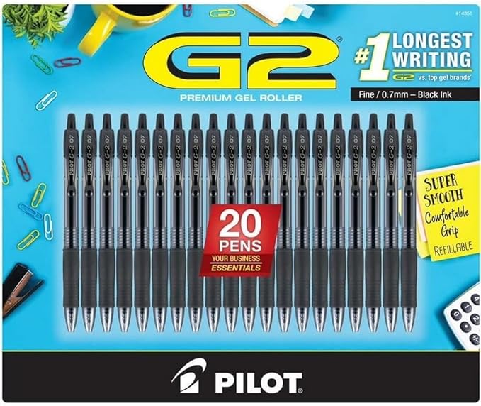 Pilot G2 Premium Gel Roller Pens 0.7, Fine Point Smooth Writing Pens Black, Pack of 20