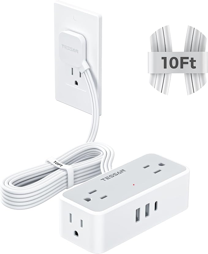 Flat Plug Extension Cord 10 FT, TESSAN Surge Protector Power Strip with 4 AC Outlets 1 USB C and 2 USB A Ports, 900 Joules Protection, Multiple Wall Outlet Extender Suitable for Home Office