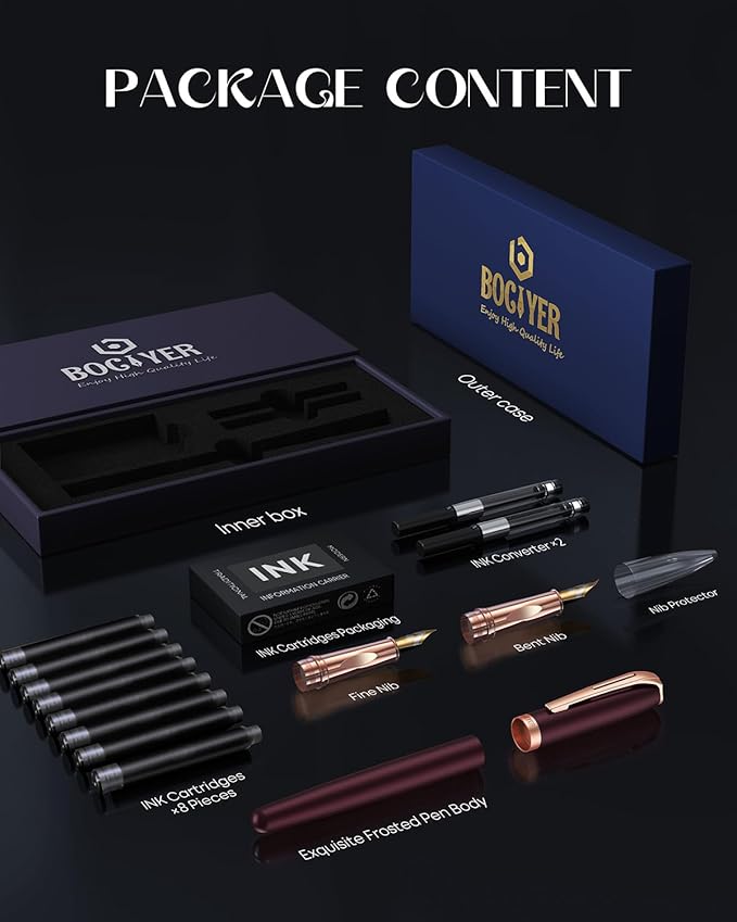 samurai Fountain Pen Set,Hand Polished Medium Nib,Calligraphy Nib(Bent Nib),Includes 8 Ink Cartridges,Ink Refill Converter*2 And Gift Box,Best Pen Gift Set for Men & Women(Dark red)