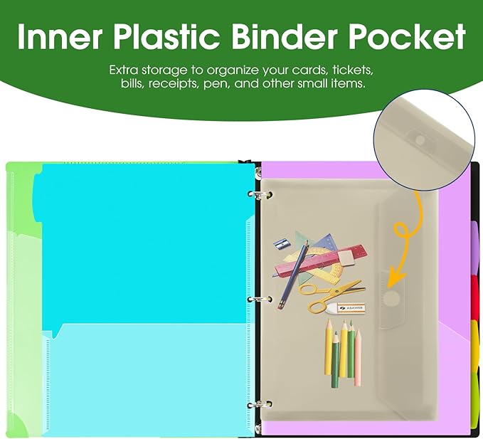 INFUN 1 Inch Telescoping Project Organizer Binder-2PCS,13 Pocket, Customizable Front Cover, 5 Colors Pocket Divider and Plastic Binder Pocket，225 Sheet Capacity-Green