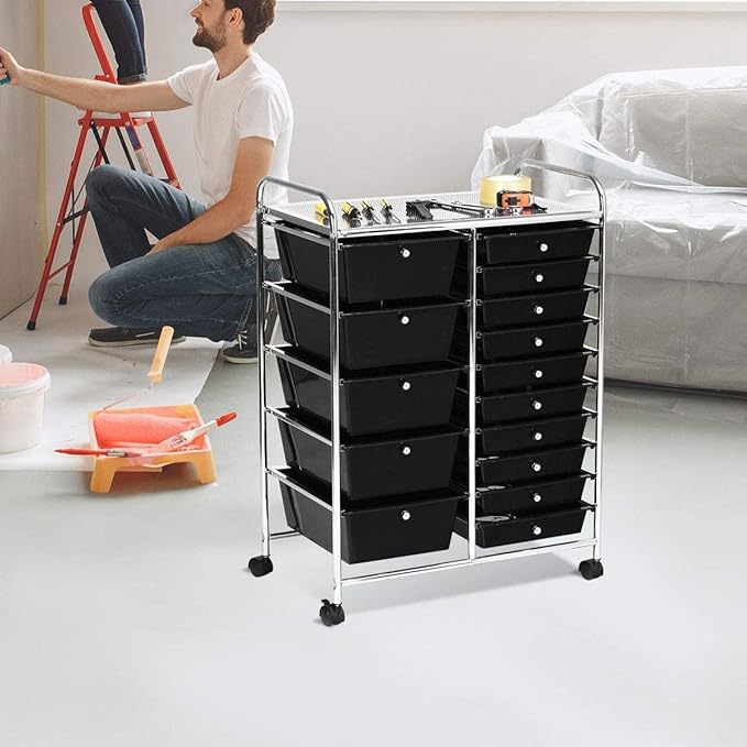 COSTWAY 15 Drawer Rolling Storage Cart, Mobile Utility Cart with Lockable Wheels, Drawers, Multipurpose Organizer Cart for Home, Office, School, Black