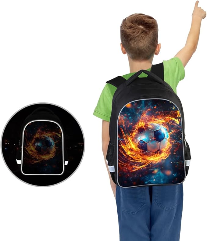 Kids Backpack Lightweight Durable Medium Teens Kids Backpack for School Boys and Girls Bookbag with Adjustable Shoulder Straps & Padded Back 17 Inch School bags with 3D Reflective Football Cartoon