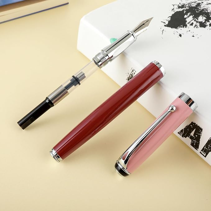 cobee Metal Fountain Pens with 10 Black Ink Cartridges, 0.5mm Fine Nib Fountain Pen Smooth Writing Luxury Calligraphy Pen Office School Supplies Gift(Red)