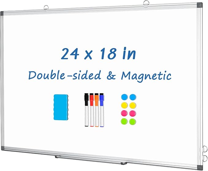 DOLLAR BOSS White Board Magnetic Dry Erase Board, 24 x 18 Inch Double-Sided Whiteboard for Wall Silver Aluminum Frame for Office School Home with 8 Magnets 4 Markers 1 Eraser 1 Detachable Pen Tray