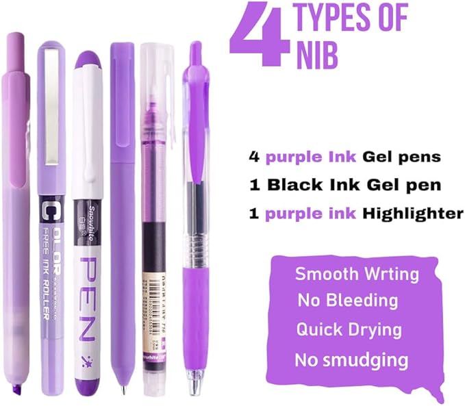 Purple and Black Ink Gel Pens with Bible Journaling Highlighter, Fine Point 0.5mm Cute Colorful Gel Pens No Bleed for Office School, Note Taking, 5 Purple, 1 Black