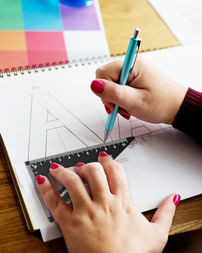 Honagu Aluminum Alloy Triangular Ruler Set, 2 Sets/8 Pieces, 15cm/5.9inches, Pink & Black
