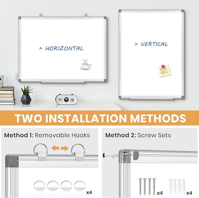 Double-Sided Magnetic White Board, 24"x 18" Dry Erase Board for Wall Mounted & Hanging with Aluminum Frame, Whiteboard for School, Office and Home