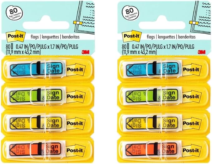 Post-it Message Flags, Sign and Date, 30/Dispenser, 4 Dispensers/Pack, .47 in Wide, Assorted Colors (684-SD) (2 Pack)