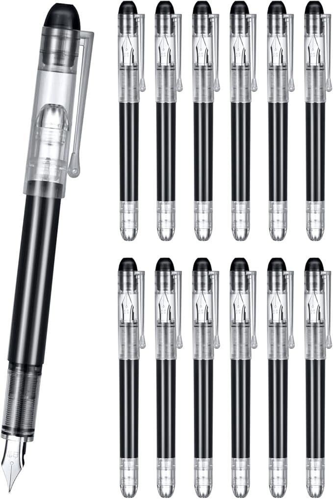 EEOYU 12 Pieces Black Disposable Fountain Pens, Smooth-Writing Office Supplies for Sketching, Journaling, Calligraphy, Doodling and Gifts (Black)