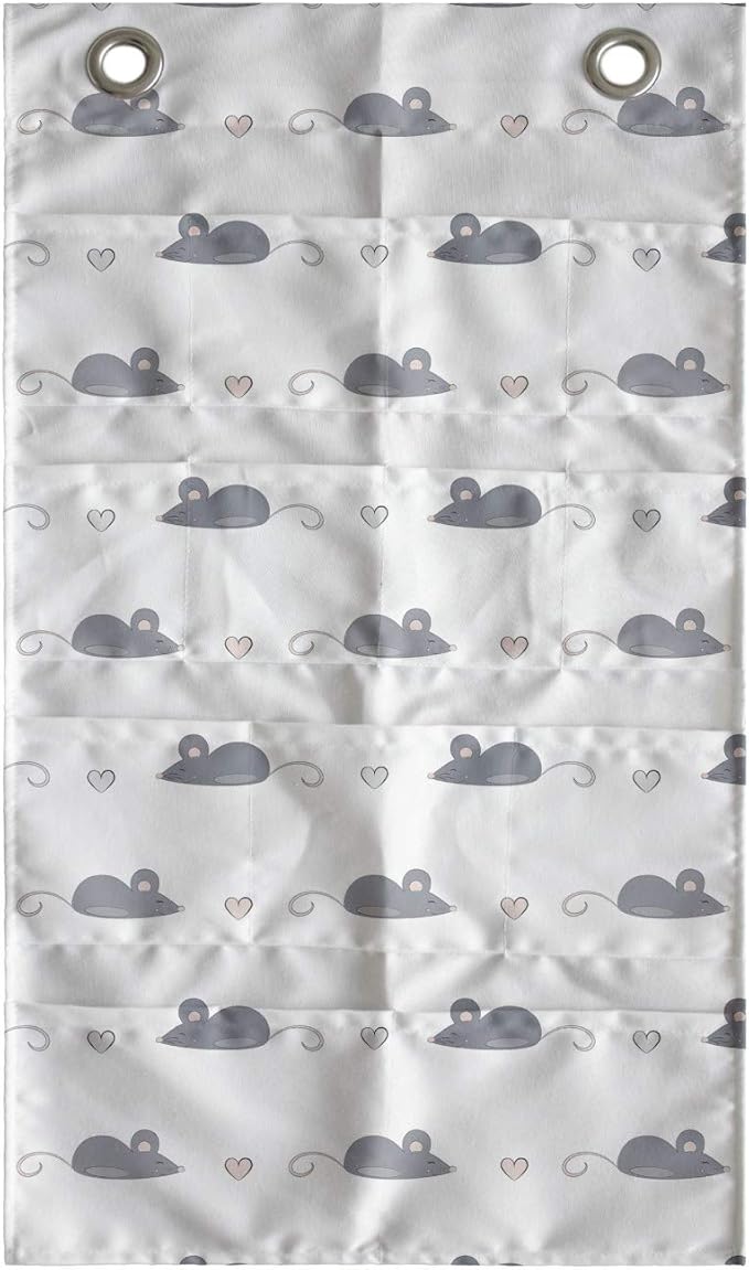 Ambesonne Mouse Hanging Pocket Organizer, Layout of Repetitive Rodents and Mini Hearts in a Hand Drawn Doodle Like Style, Printed Polyester Storage Bag with Pockets, 21" x 31", Dimgray and White