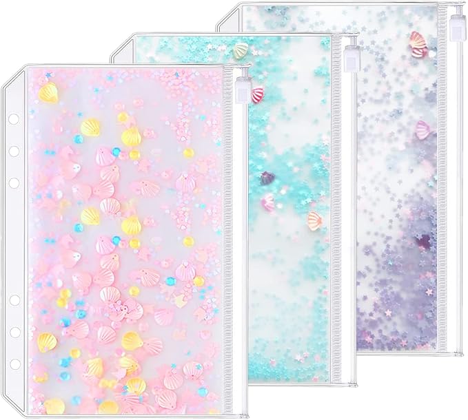 3 Pack A5 6 Holes Binder Pockets Plastic Binder Zipper Folders Waterproof 6 Holes Zipper Loose Leaf Bags Zip Lock Envelope for Documents Notebooks Cards (Sequins Decorate Zip Pocket, A5)