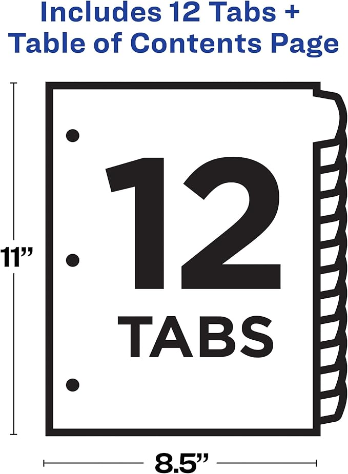 Avery Dividers for 3 Ring Binders, 12 Tabs per Set, Customizable Table of Contents, Multicolor Arched Tabs, Great for Organizing Reports, Projects, and More (24 Sets of 11843)
