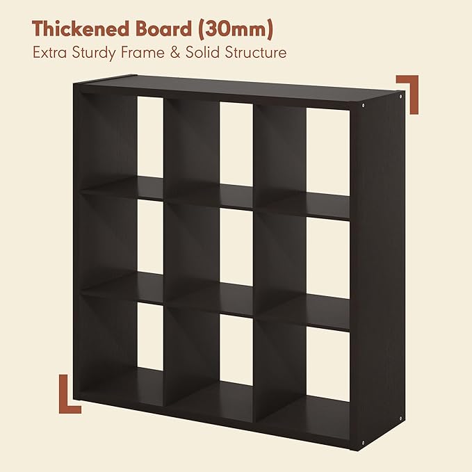 Furinno Cubicle Record Player Stand with Vinyl Storage, 9-Cube 1.2 Extra Thick Vinyl Record Storage, Open Back Media Shelf for CD DVD Blueray Game Disc, for Living Room, Home Office, Black Dark Oak