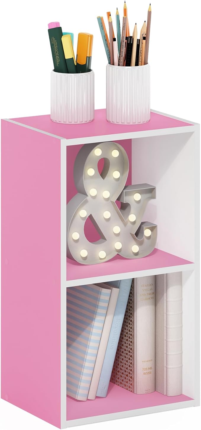 Furinno PASIR Book Shelf, 2-Tier Modern Bookshelf, Open Shelves Bookcase 9 x 12 x 21, for Living Room, Bedroom, Home Office, Pink/White