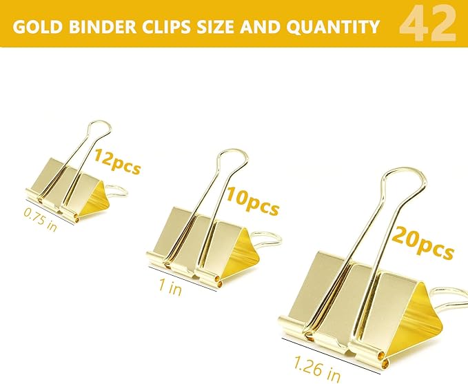 Gold Binder Clips Paper Clamps, Assorted Sizes Set (Large-20, Small-12, Medium-10,) 42 pcs Clips for Office School and Home Supplies, The Perfect Match for Those who Love The Golden Style