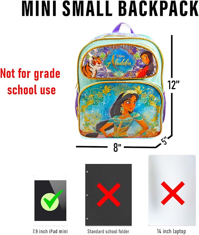 Disney Aladdin Backpack and Lunch Box Set for Kids - Bundle with 12" Princess Jasmine Mini Backpack, Jasmine Lunch Bag, Stickers, Water Bottle, More | Aladdin Mini Bag for Girls