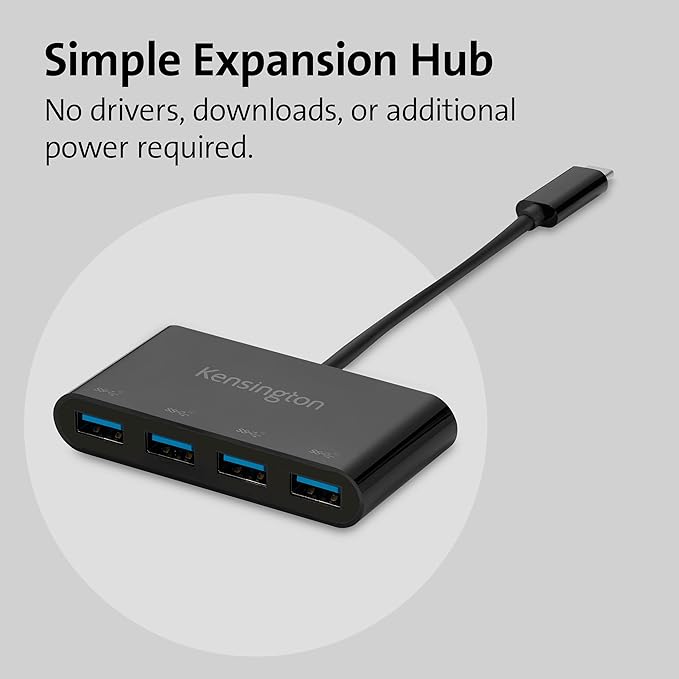 Kensington CH1200 USB-C 10Gbps 4-Port Hub, USB Type C to USB Adapter with 4 USB 3.0, Compatible with Thunderbolt 4, Thunderbolt 3, USB4 and USB-C Devices (K33616WW)