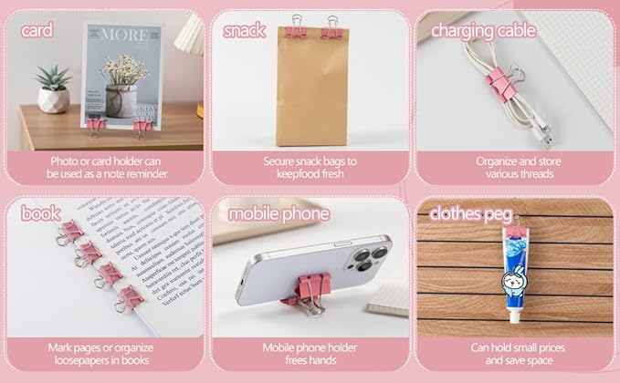 Binder Clip Paper Clamps, Assorted Sizes (Mini, Small, Medium, Large), 100 Pcs Clips for Office School Supplies (Pink)