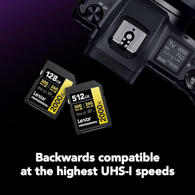 Lexar 512GB Professional 2000x SDXC Memory Card, UHS-II, C10, U3, V90, Full-HD & 8K Video, Up to 300MB/s Read, for DSLR, Cinema-Quality Video Cameras (LSD2000512G-RNNNU)