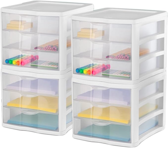 Sterilite ClearView Compact Stacking 3 Drawer Storage Organizer System for Crafting Supplies, Home Office, or Dorm Room, (16 Pack)