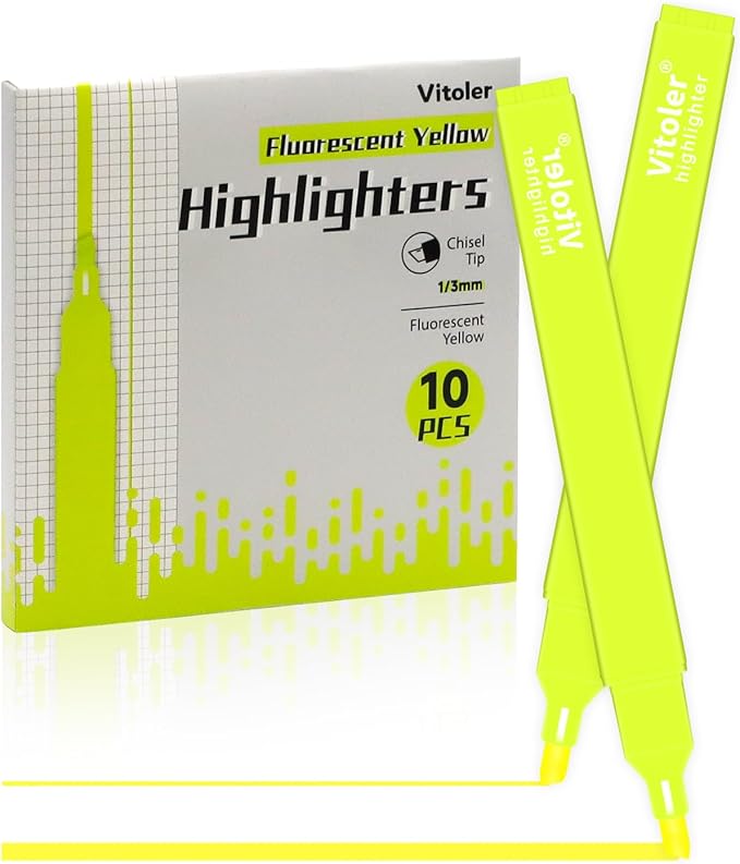 Vitoler Fluorescent Yellow Highlighters,10 Pack Bright Color Chisel tip Highlighters for Adults in the Home School Office
