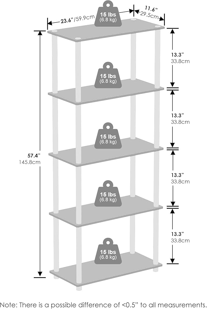 Furinno Turn-N-Tube Book Shelf, 5-Tier Bookshelf, Bookcase with Multipurpose Compact Display Rack, 11.6 x 23.6 x 57.4, for Living Room, Bedroom, Home Office, Columbia Walnut/Black