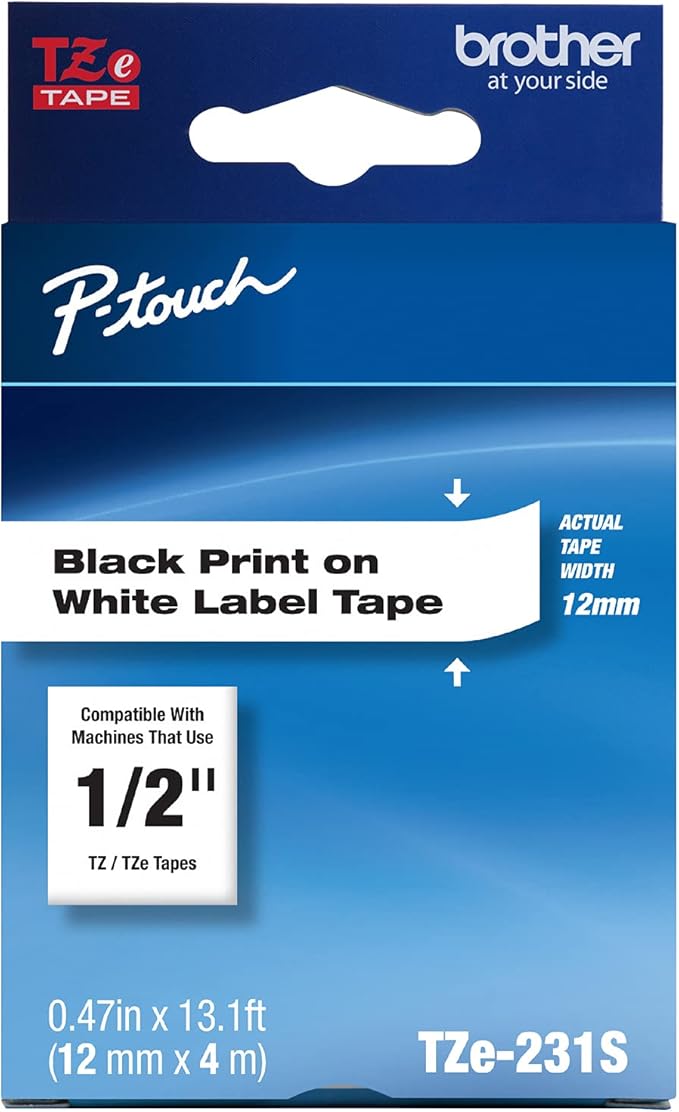 Brother Genuine P-Touch TZe-231S Economy Label Tape, Standard Laminated P-Touch Tape, Black on White, Perfect for Indoor or Outdoor Use, Water Resistant, (4M), Single-Pack